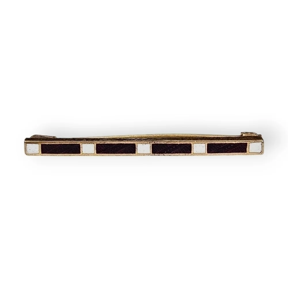 Antique Art Deco Bar Brooch Darkest Red White Enamel Stripe Gold Plate 1910s 20s